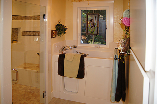 A univeral design bathroom in a Craftsman home which was on the 2014 Martinez Historic Home Tour.